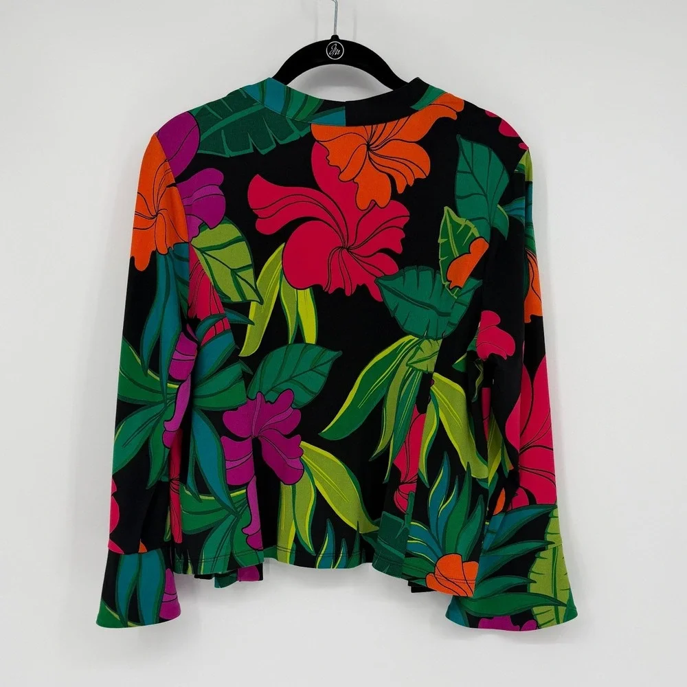 Susan Graver Liquid Knit Tropical Floral Dress and Cardigan Set Black Multi M